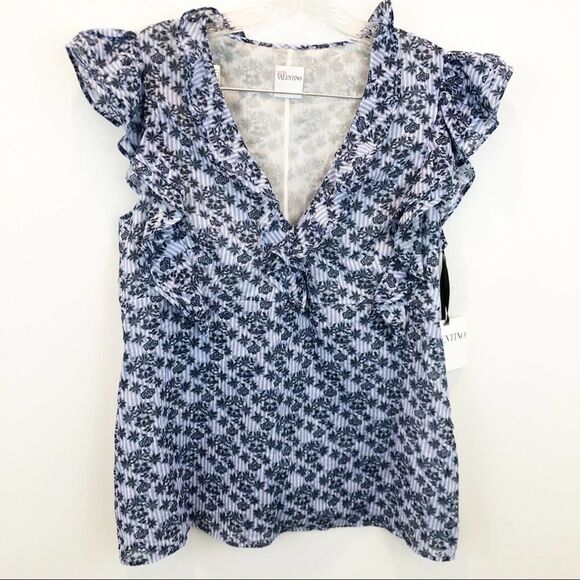 Red Valentino Blue Floral Ruffle Blouse NWT - Picture 3 of 6